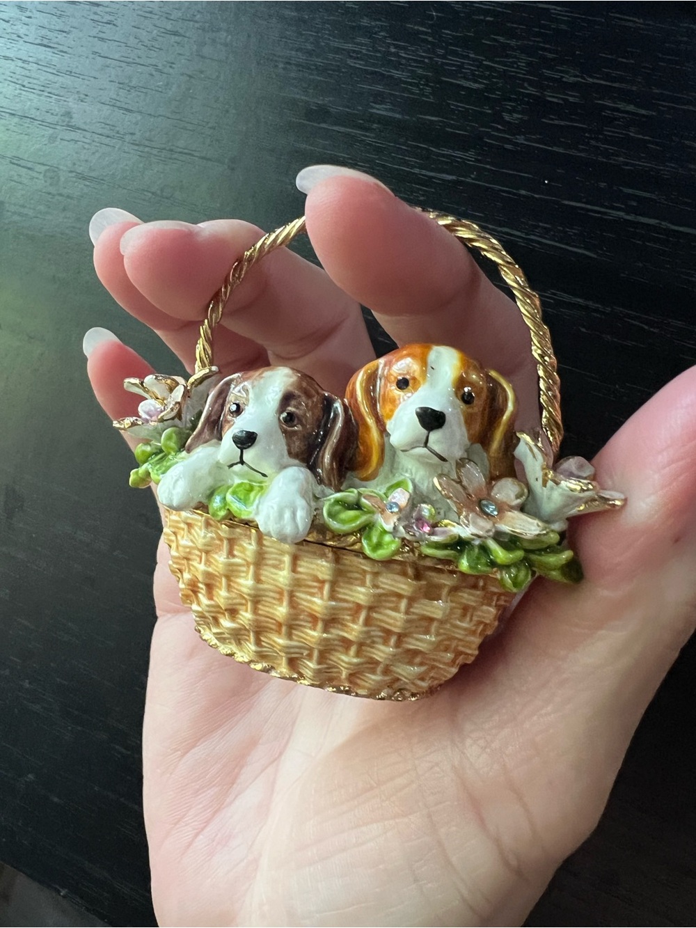 Hand-Painted Enameled & Jeweled Puppy Basket Trinket box  Figurine